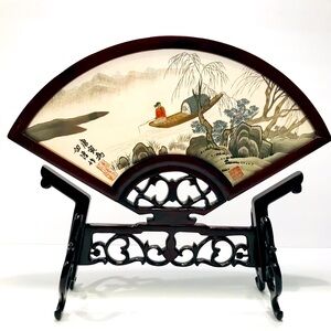 Vtg Chinese Fan Shape Table Screen Double Sided Silk Embroidery Carved Rosewood